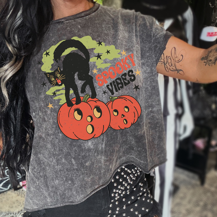 Black Cat Spooky Vibes Mineral Washed Halloween Tee