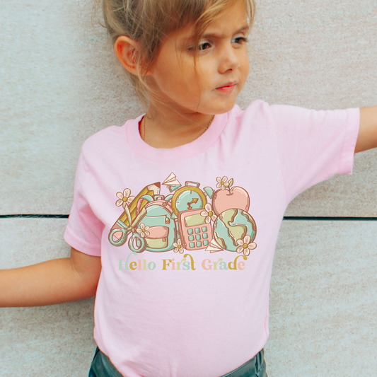 Hello First Grade Girls Kids Graphic Tee