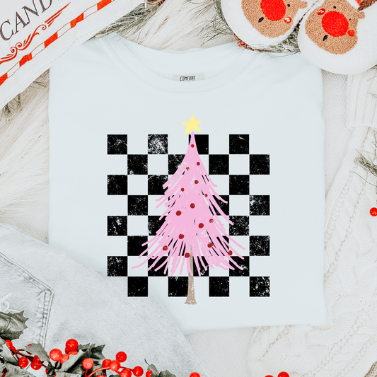 Checkered Pink Tree Comfort Colors Graphic Tee