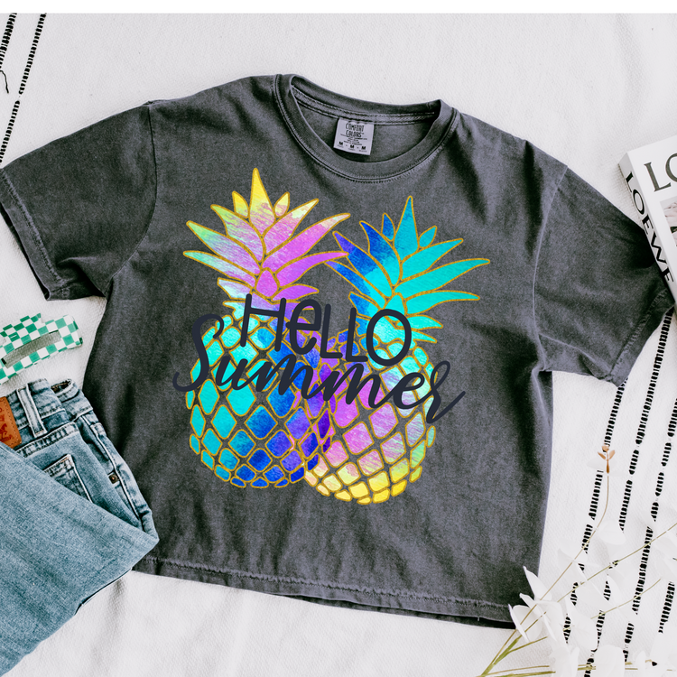 Hello Summer Pineapple Cropped Comfort Colors Graphic Tee