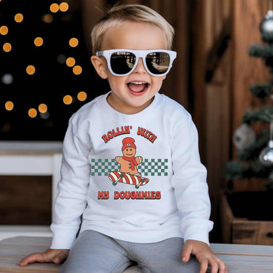 Rollin With My Doughmies Kids Christmas Long Sleeve Tee