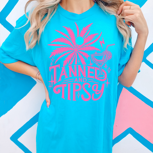 Tanned And Tipsy Pink Summer Comfort Colors Graphic Tee