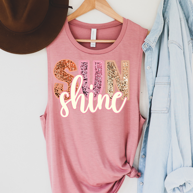 Sun shine Faux Glitter Patch Summer Tank Top