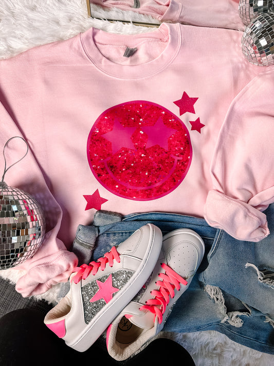 Faux Sequin Pink Happy Sweatshirt