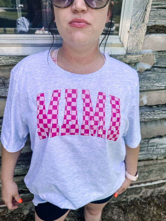 Pink Distressed Checkered Mama Graphic Tee