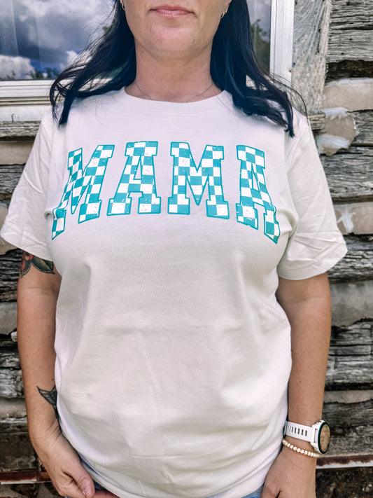 Teal Distressed Checkered Mama Graphic Tee