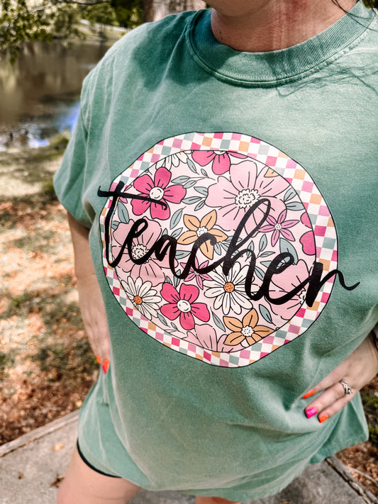 Pink Floral Checkered Teacher Graphic Tee Comfort Colors