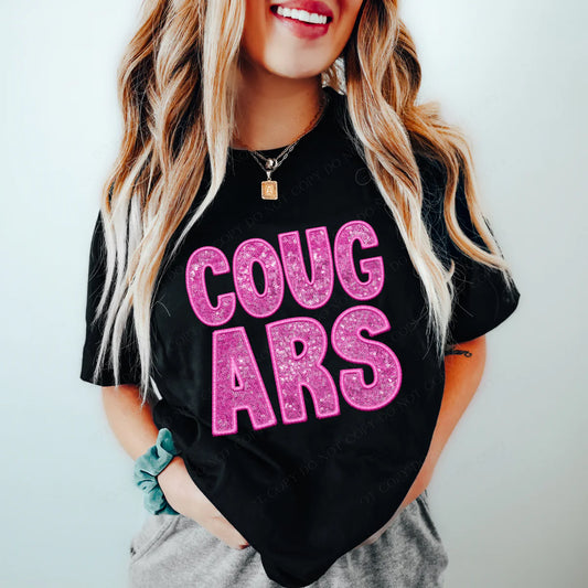 Cougars Pink Faux Embroidery & Sequin School Spirit Graphic Tee