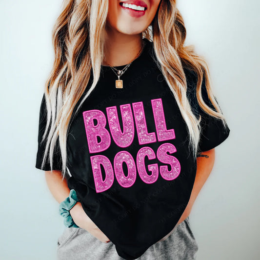 Bulldogs Pink Faux Embroidery & Sequin School Spirit Graphic Tee