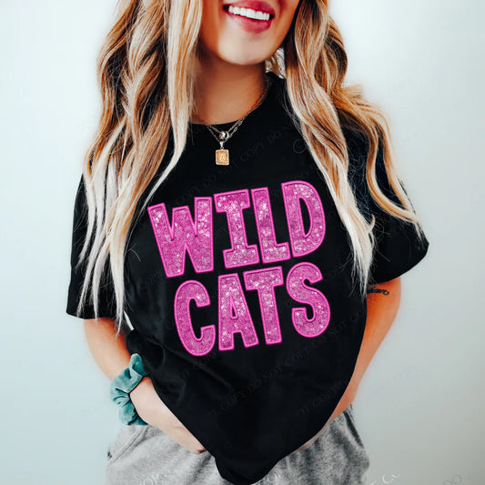 Wildcats Pink Faux Embroidery & Sequin School Spirit Graphic Tee