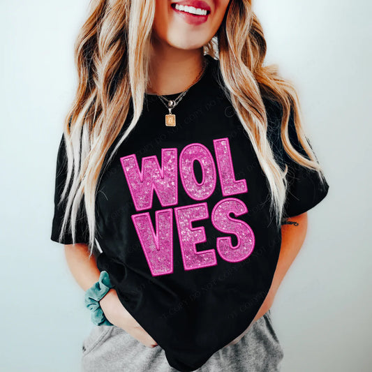 Wolves Pink Faux Embroidery & Sequin School Spirit Graphic Tee