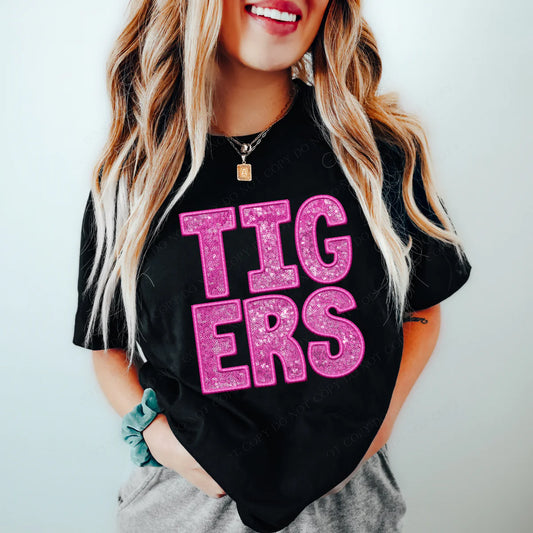 Tigers Pink Faux Embroidery & Sequin School Spirit Graphic Tee