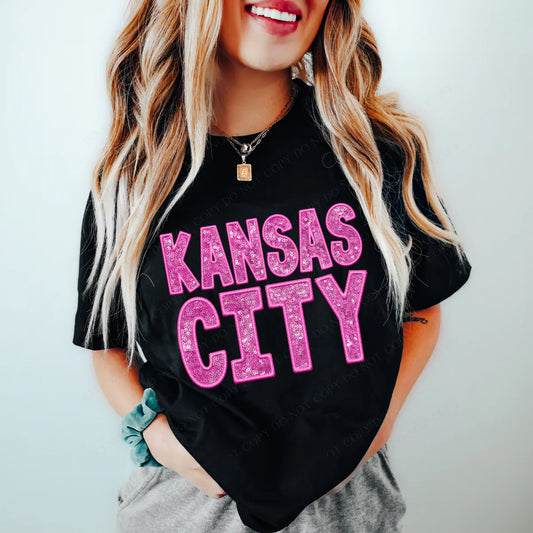 Kansas City Pink Faux Embroidery & Sequin School Spirit Graphic Tee