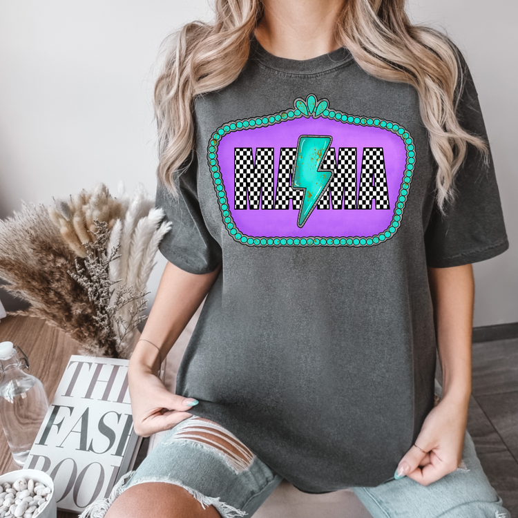 Purple Checkered Western Frame Mama Comfort Colors Graphic Tee