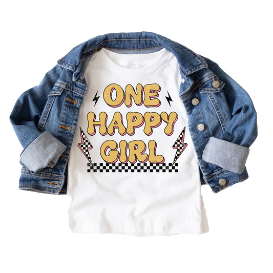 One Happy Girl Retro Birthday Tee White & Cream Options