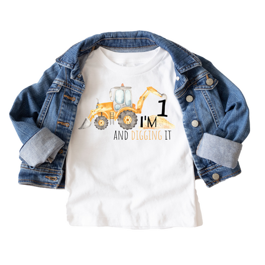 I'm One and Digging It Construction Birthday Tee White & Cream Options