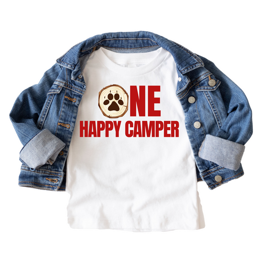 One Happy Camper Bear Claw Birthday Tee White & Cream Options