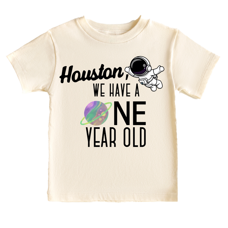 Houston, We have a One Year Old Space Birthday Tee White & Cream Options