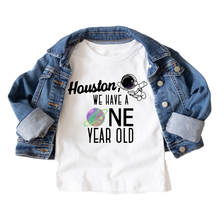 Houston, We have a One Year Old Space Birthday Tee White & Cream Options