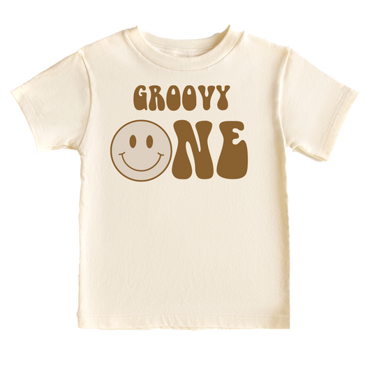 Muted Groovy One Birthday Tee White & Cream Options