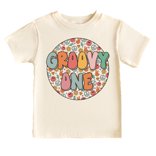 Groovy One Girls Retro Birthday Tee White & Cream Options