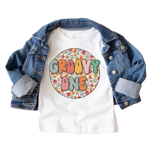 Groovy One Girls Retro Birthday Tee White & Cream Options