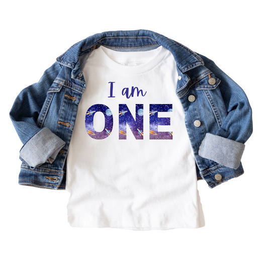 I am One Space Themed Birthday Tee White & Cream Options