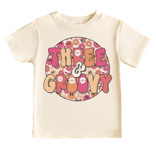 Three & Groovy Retro Birthday Tee White & Cream Options