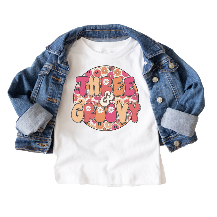 Three & Groovy Retro Birthday Tee White & Cream Options