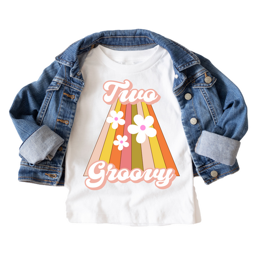 Retro Two Groovy Birthday Tee White & Cream Options