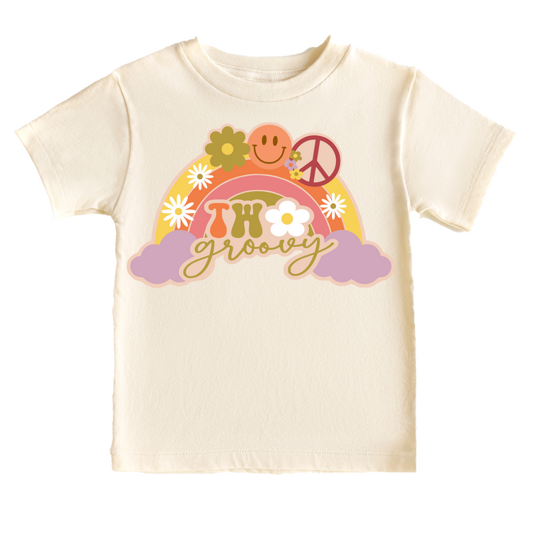 Two Groovy Retro Rainbow Birthday Tee White & Cream Options