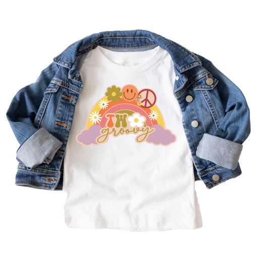 Two Groovy Retro Rainbow Birthday Tee White & Cream Options