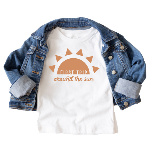 First Trip Around the Sun Retro Birthday Tee White & Cream Options