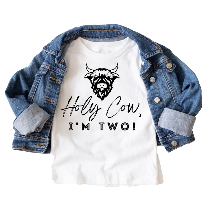 Holy Cow I'm Two Western Birthday Tee White & Cream Options