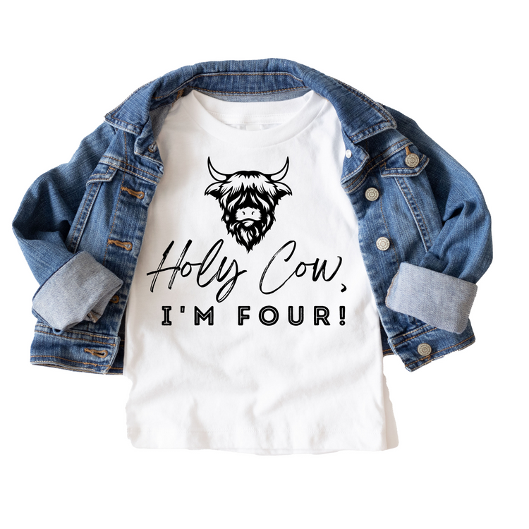 Holy Cow I'm Four Western Birthday Tee White & Cream Options