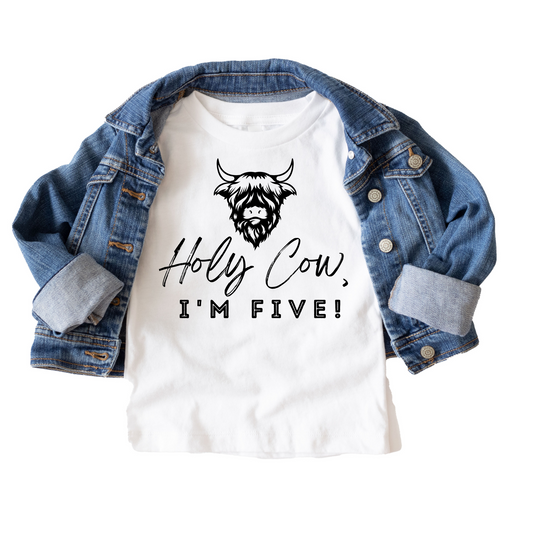 Holy Cow I'm Five Western Birthday Tee White & Cream Options