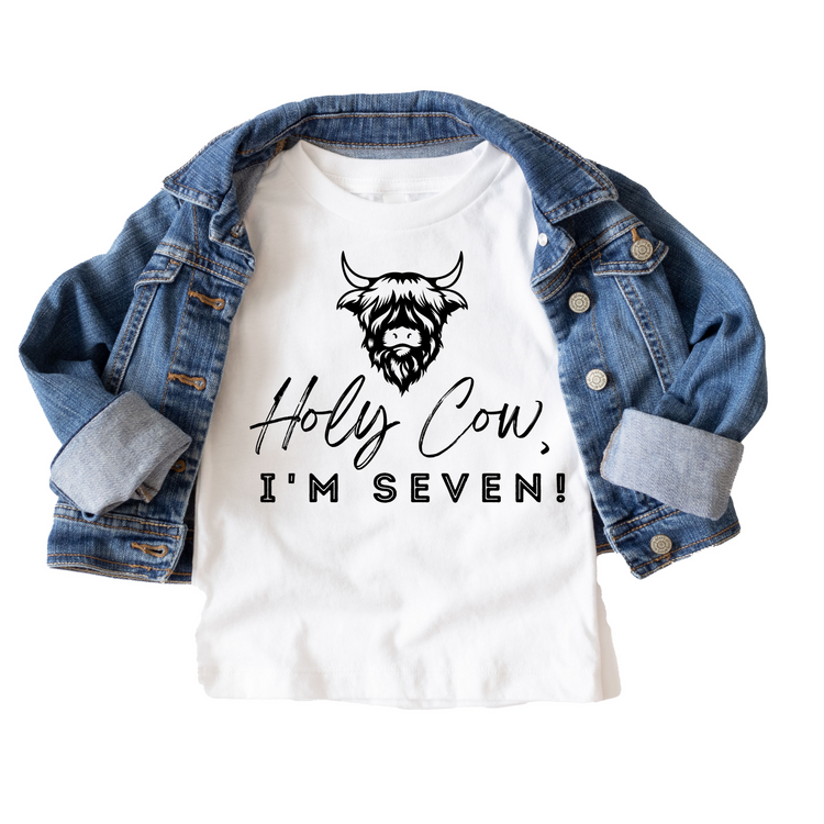 Holy Cow I'm Seven Western Birthday Tee White & Cream Options