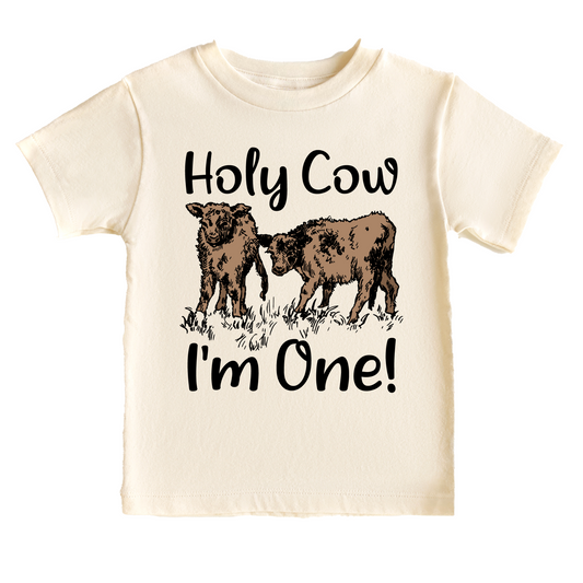 Realistic Holy Cow I'm One Western Birthday Tee White & Cream Options