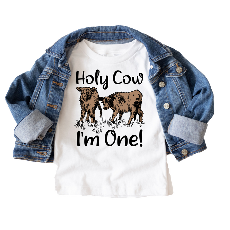 Realistic Holy Cow I'm One Western Birthday Tee White & Cream Options