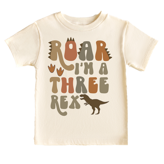 Roar I am Three Rex Dinosaur Birthday Tee White & Cream Options