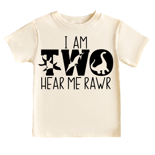 I am Two Hear me Roar Dinosaur Birthday Tee White & Cream Options