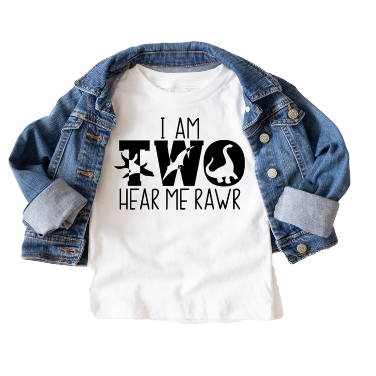 I am Two Hear me Roar Dinosaur Birthday Tee White & Cream Options