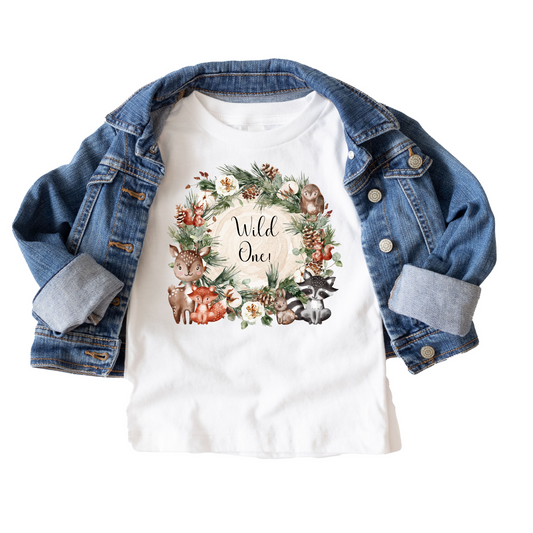 Wild One Woodland Themed Birthday Tee White & Cream Options