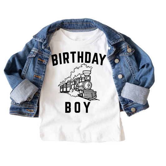 Train Birthday Boy Birthday Tee White & Cream Options