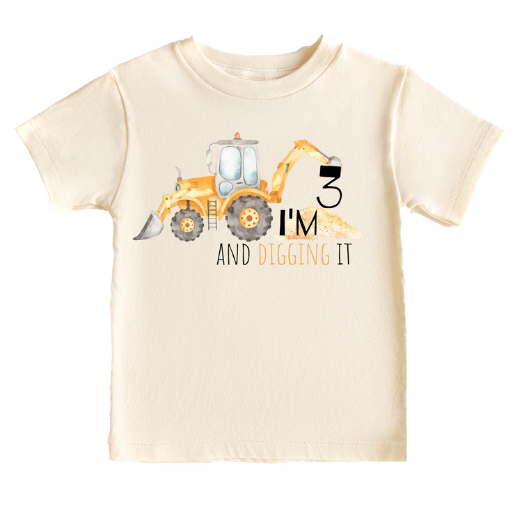 Watercolor I'm Three and Digging it Construction Birthday Tee White & Cream Options