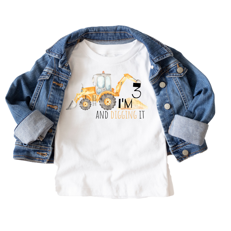 Watercolor I'm Three and Digging it Construction Birthday Tee White & Cream Options