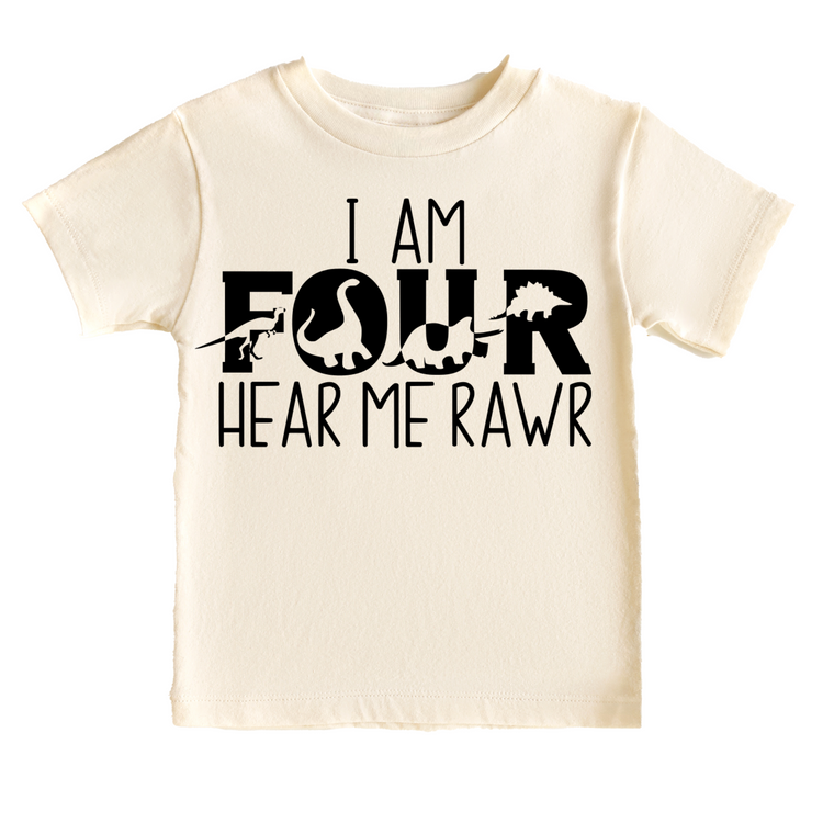 I Am Four Hear me Rawr Birthday Tee White & Cream Options