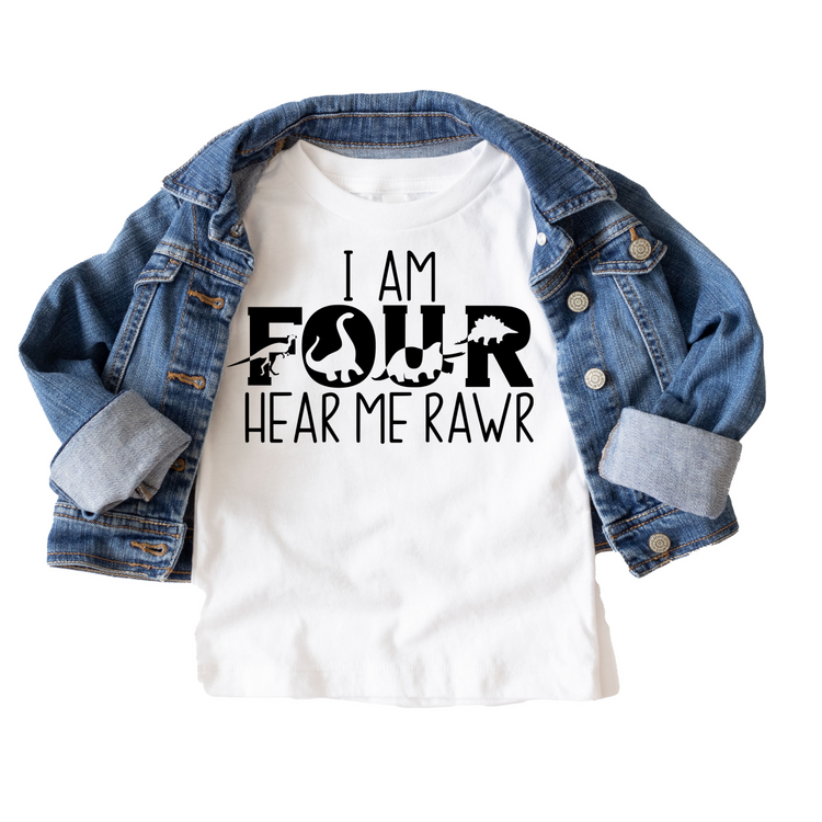 I Am Four Hear me Rawr Birthday Tee White & Cream Options