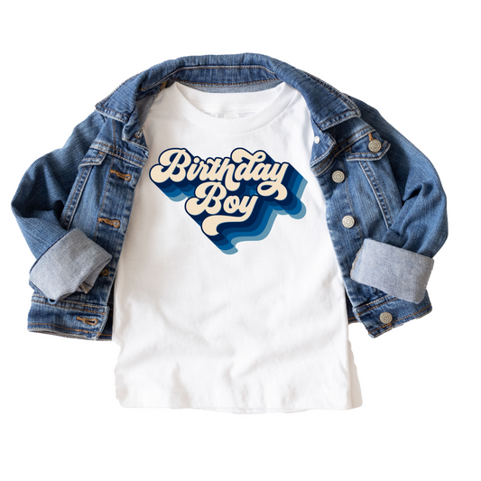 Blue Retro Birthday Boy Birthday Tee White & Cream Options