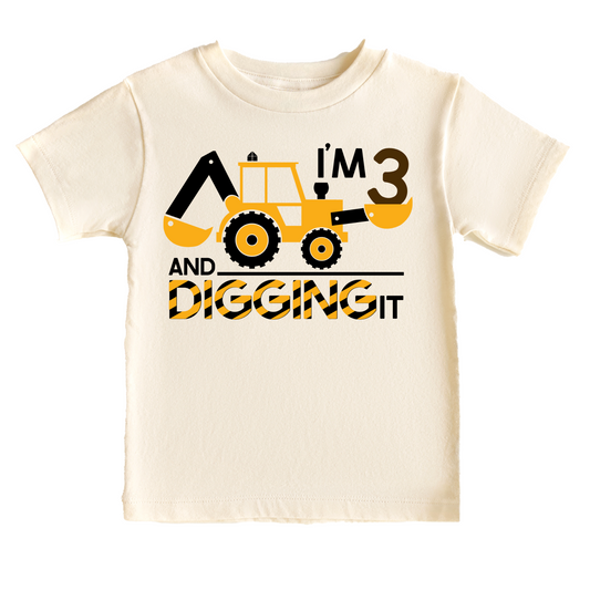 I'm Three and Digging it Construction Birthday Tee White & Cream Options